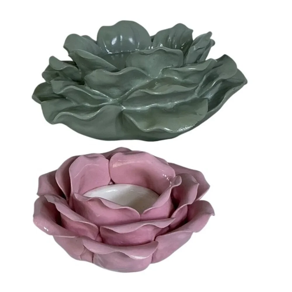 Artisan Ceramic Floral Candle Holders Green Pink Vintage Set of 2 NWOT